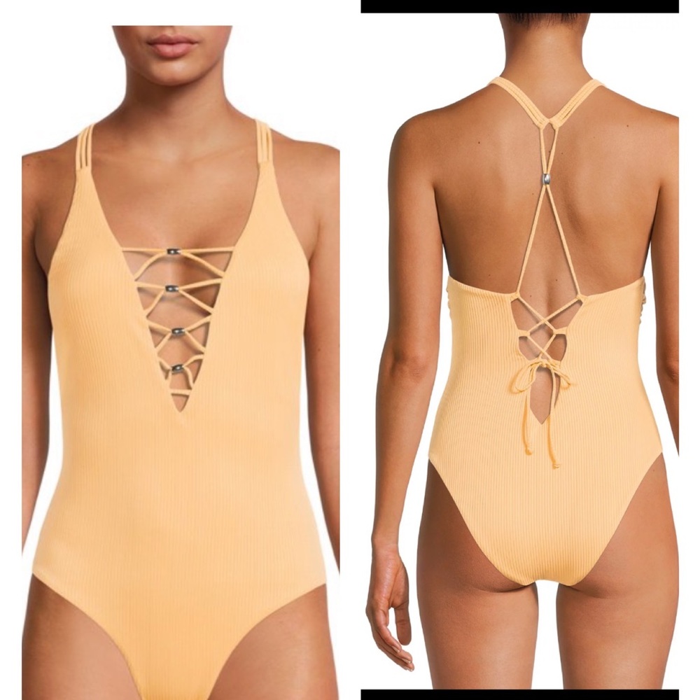 YMI NWT Ribbed Crisscross Lace Up One Piece Swimsuit Sun Orange Size L